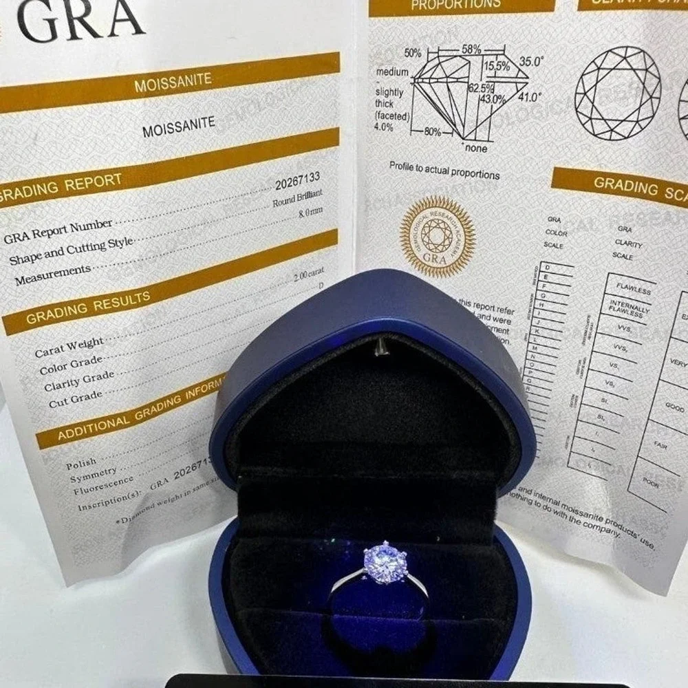 Moissanite Diamond Engagement Ring 6 Prong Wedding GRA 925 2 Ct Size 9